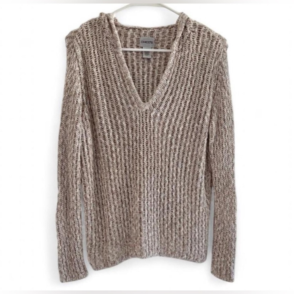 Chico's Open Knit Hooded V-Neck Sweater - Beige Marled - Chicos Size 1 medium 8 - Picture 2 of 5